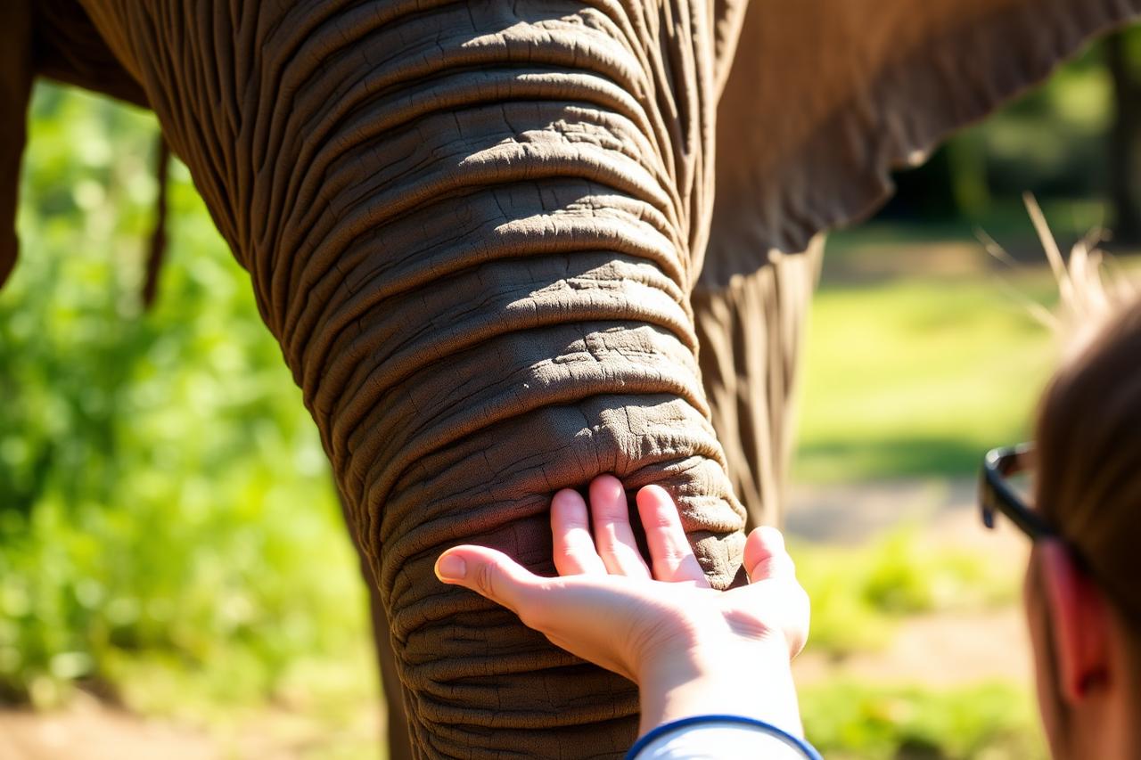 Visitor's hand resting gently on an African elephant's trunk at a sanctuary