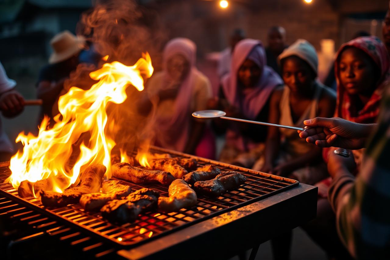 Flames rising from a shisa nyama braai grill with people gathered around at dusk