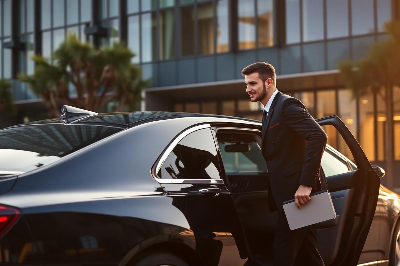 An executive chauffeur vehicle waiting outside a Johannesburg office building