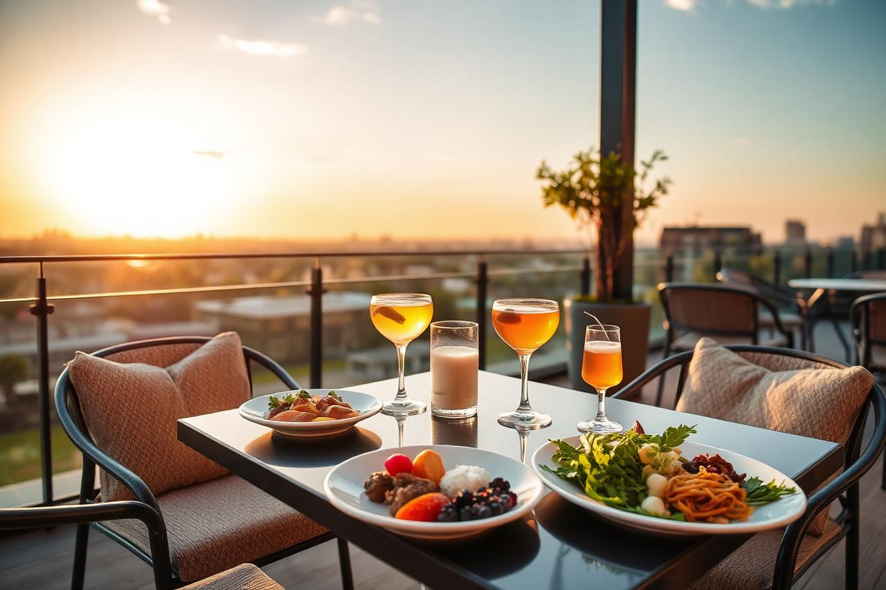 Rooftop restaurant table set with South African dishes and cocktails at sunset