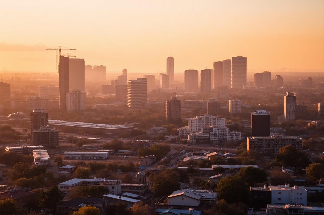 Johannesburg city skyline at golden hour seen across the inner city