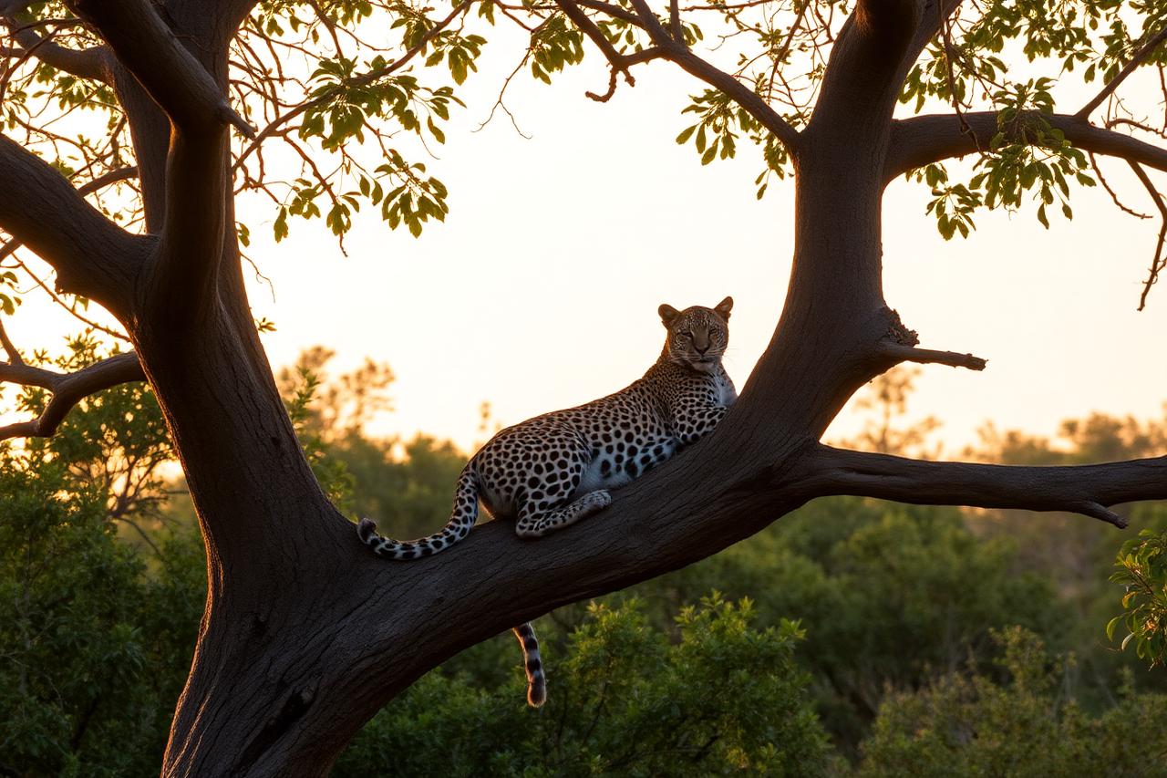 Leopard resting on a marula tree branch in Kruger National Park at golden hour
