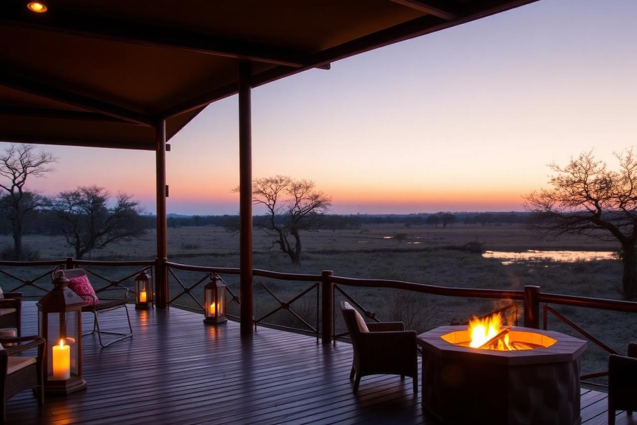Luxury safari lodge deck with fire pit and lanterns overlooking the bushveld at dusk