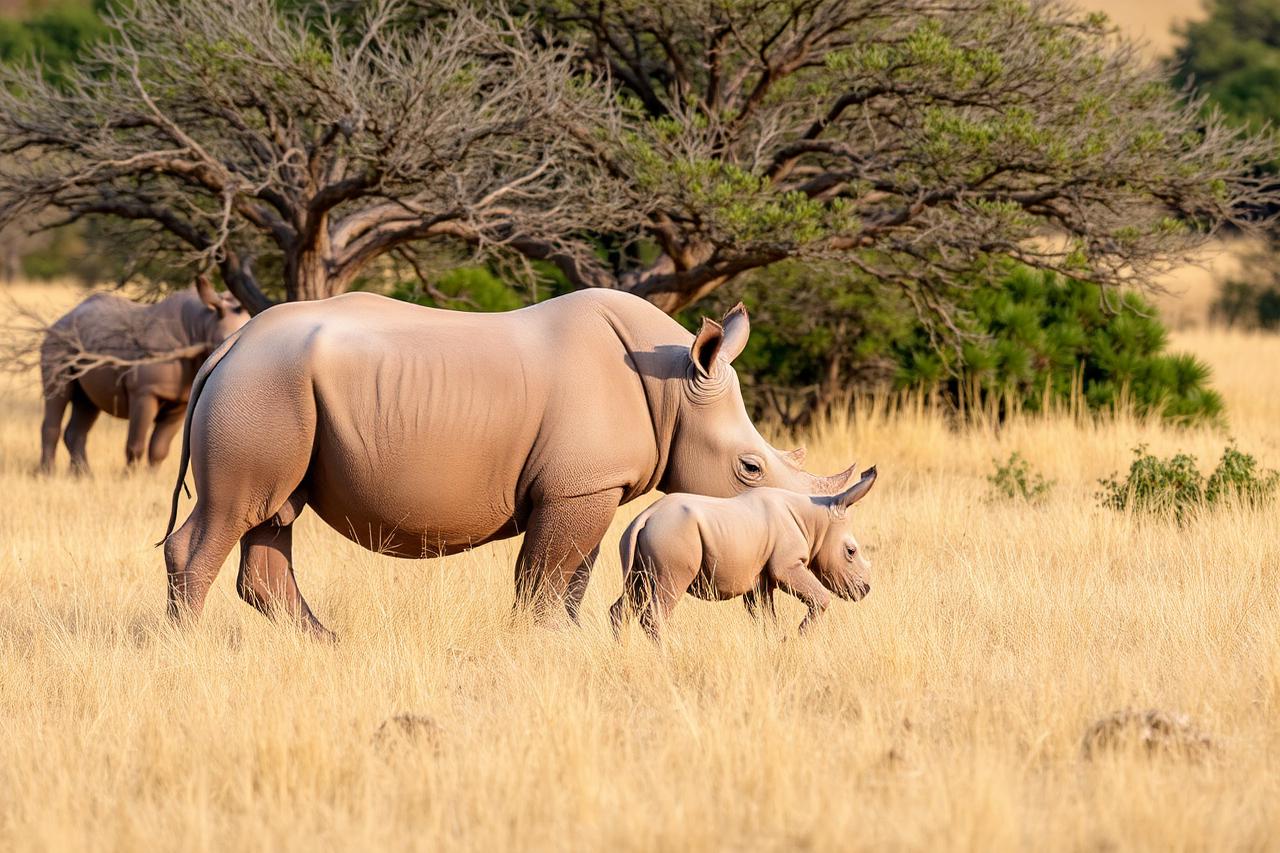 White rhino and calf grazing in golden grassland beneath an acacia tree