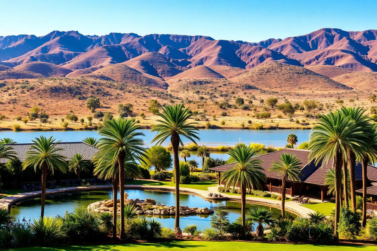 Resort with palm trees and a lake set against the bushveld hills of the North West